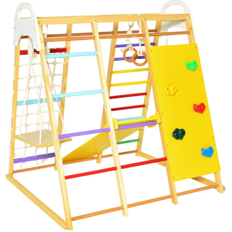 Costway 8-in-1 Wood Climbing Frame Swing Slide Play Set - Multi-Coloured