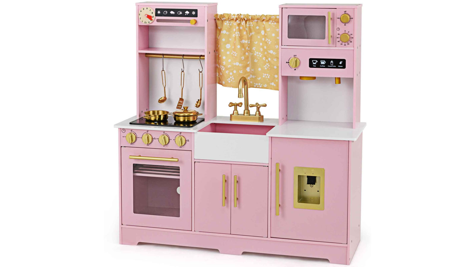 Costway Pretend Cooking Play Set Wooden Kitchen Playset with Chalkboard Coffee Maker - Pink