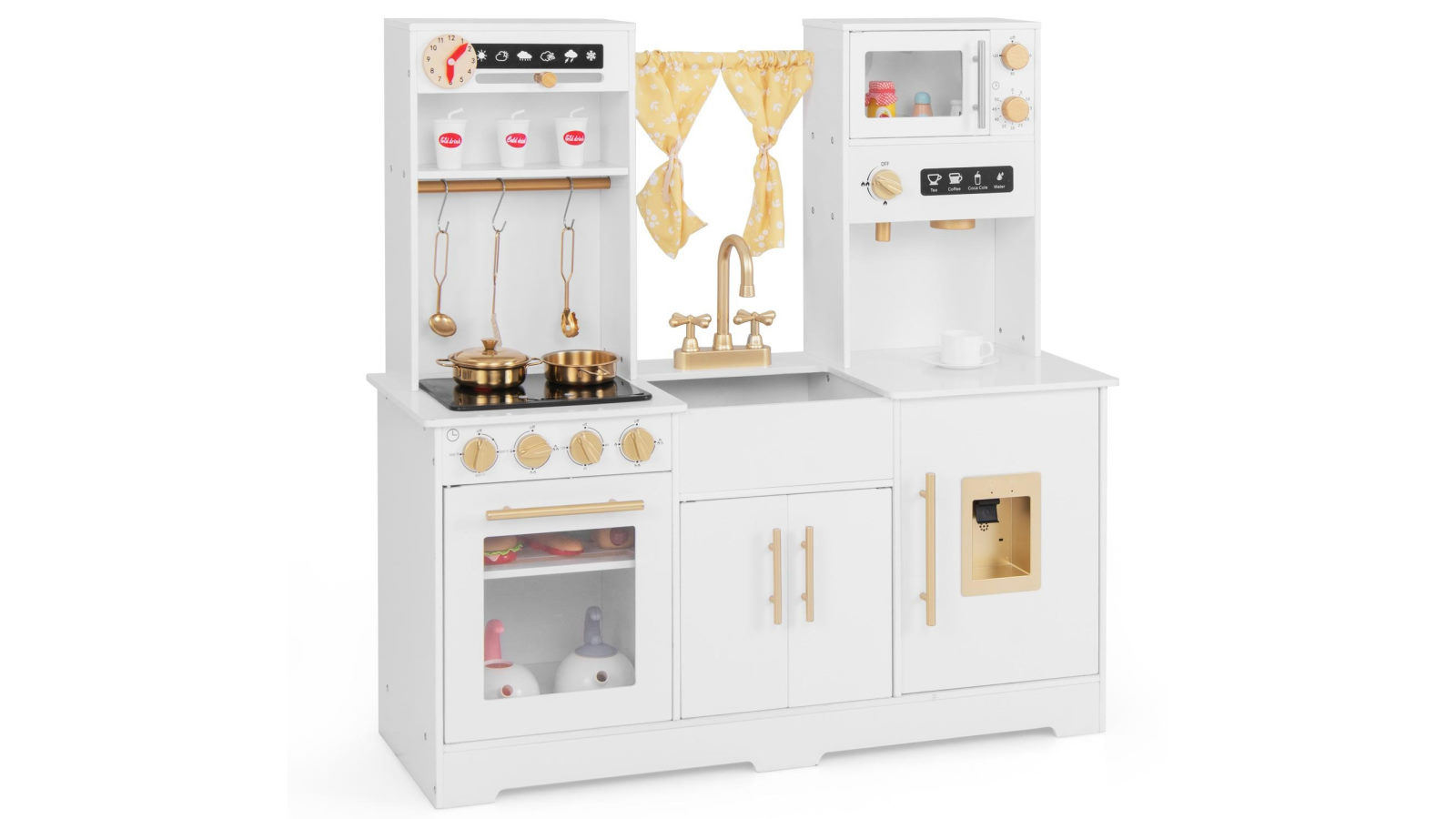 Costway Pretend Cooking Play Set Wooden Kitchen Playset with Chalkboard Coffee Maker - White