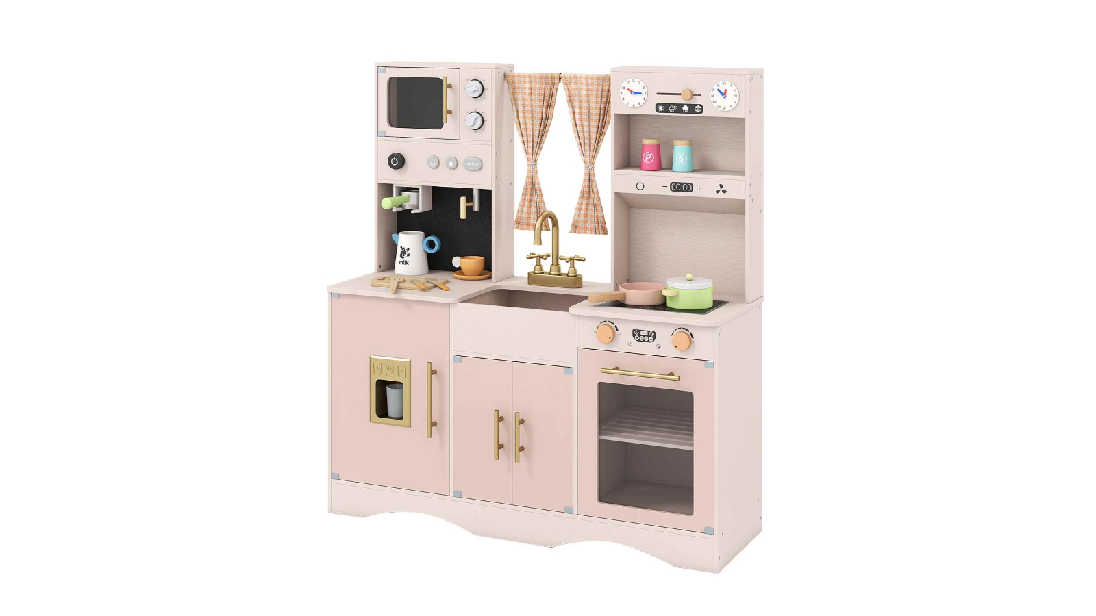 Costway Wooden Kitchen Playset with Microwave and Coffee Maker - Pink