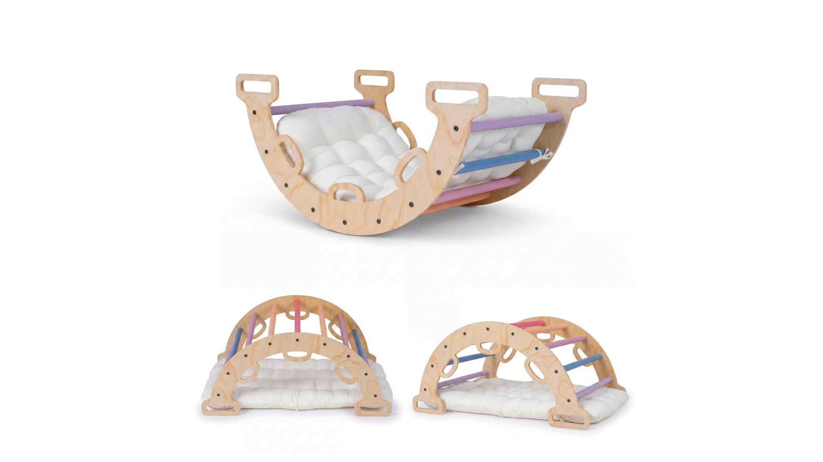 Costway 3-in-1 Wood Climbing Frame Seesaw Playset with Cushion - Multi-Coloured
