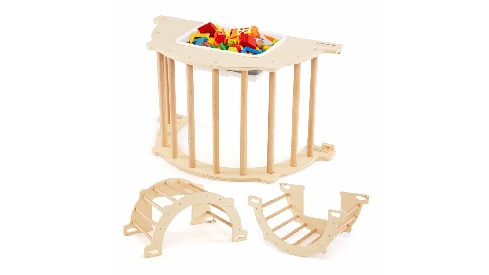 Costway 8-in-1 Climbing Arch Sensory Table Wood Rocking Horse and Crawl Playset