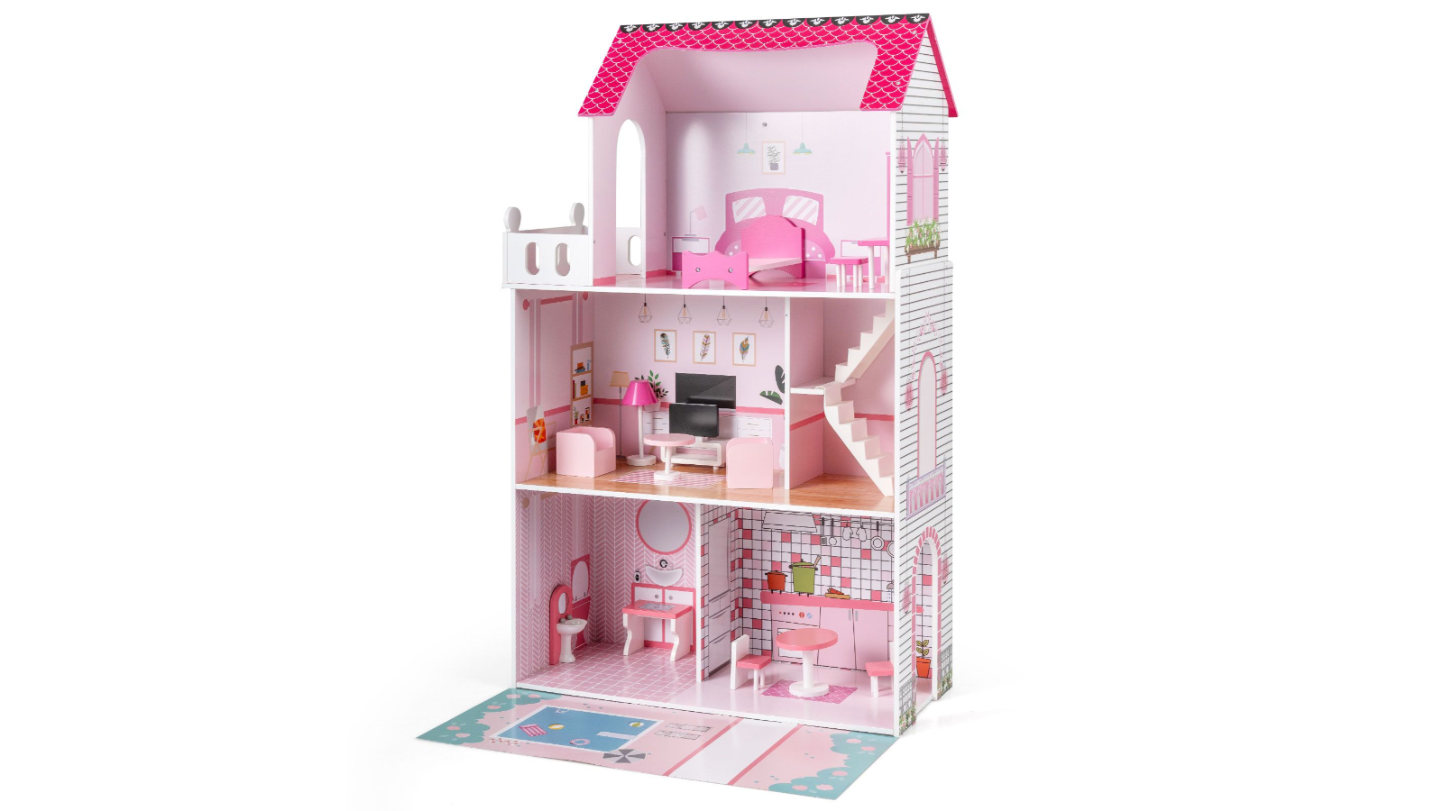 Costway 3-Story 17 Piece Accessories Pretend Play Wooden Doll House