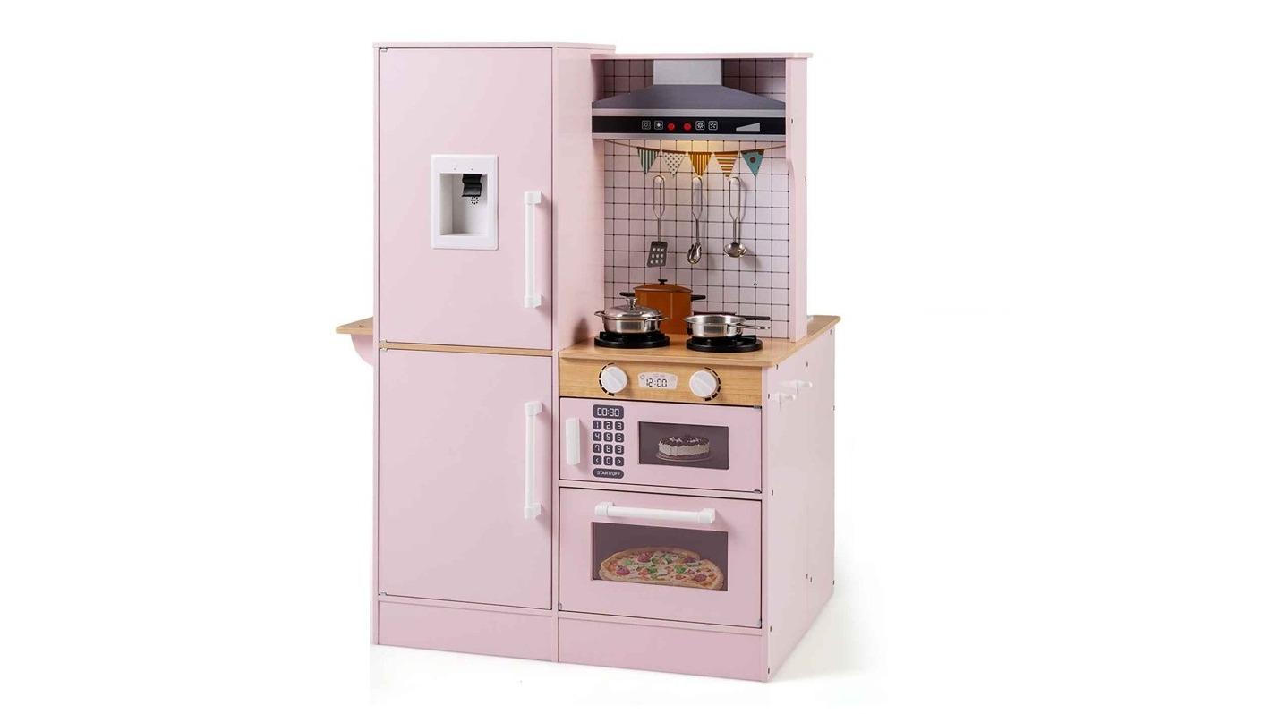 Costway Dual-Sided Wooden Kitchen Playset with Real Light and Sound - Pink