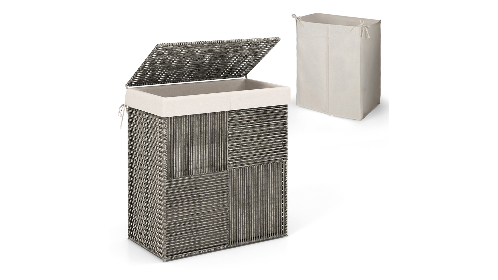 Costway 110 Litre Rattan 2-Section Laundry Hamper with Handle, Lid and Bag - Grey