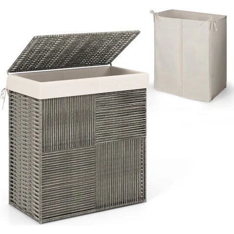 Costway 110 Litre Rattan 2-Section Laundry Hamper with Handle, Lid and Bag - Grey