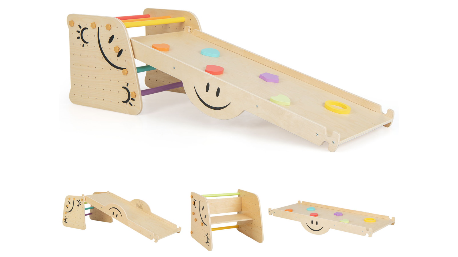 Costway Wooden Triangle Climber Set with See-saw/Slide/Dual-Sided Ramp - Natural