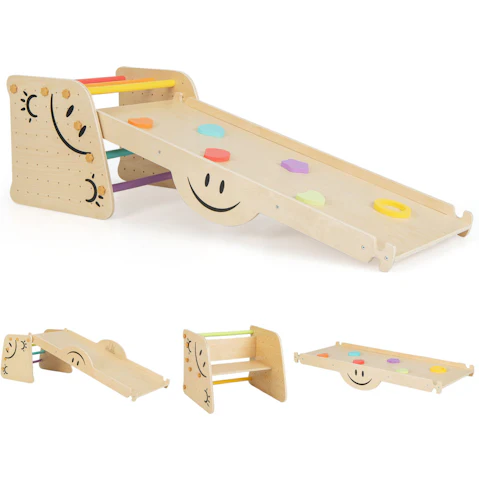 Costway Wooden Triangle Climber Set with See-saw/Slide/Dual-Sided Ramp - Natural