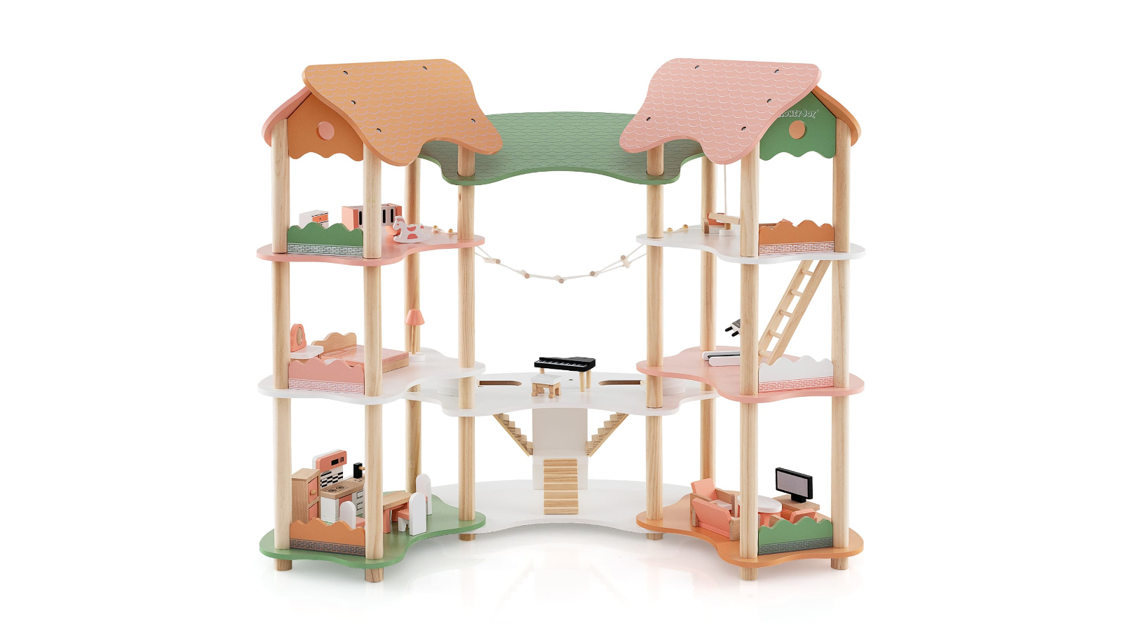 Costway 3-Tier Colorful Roof Wooden Doll House with 31 Accessories 