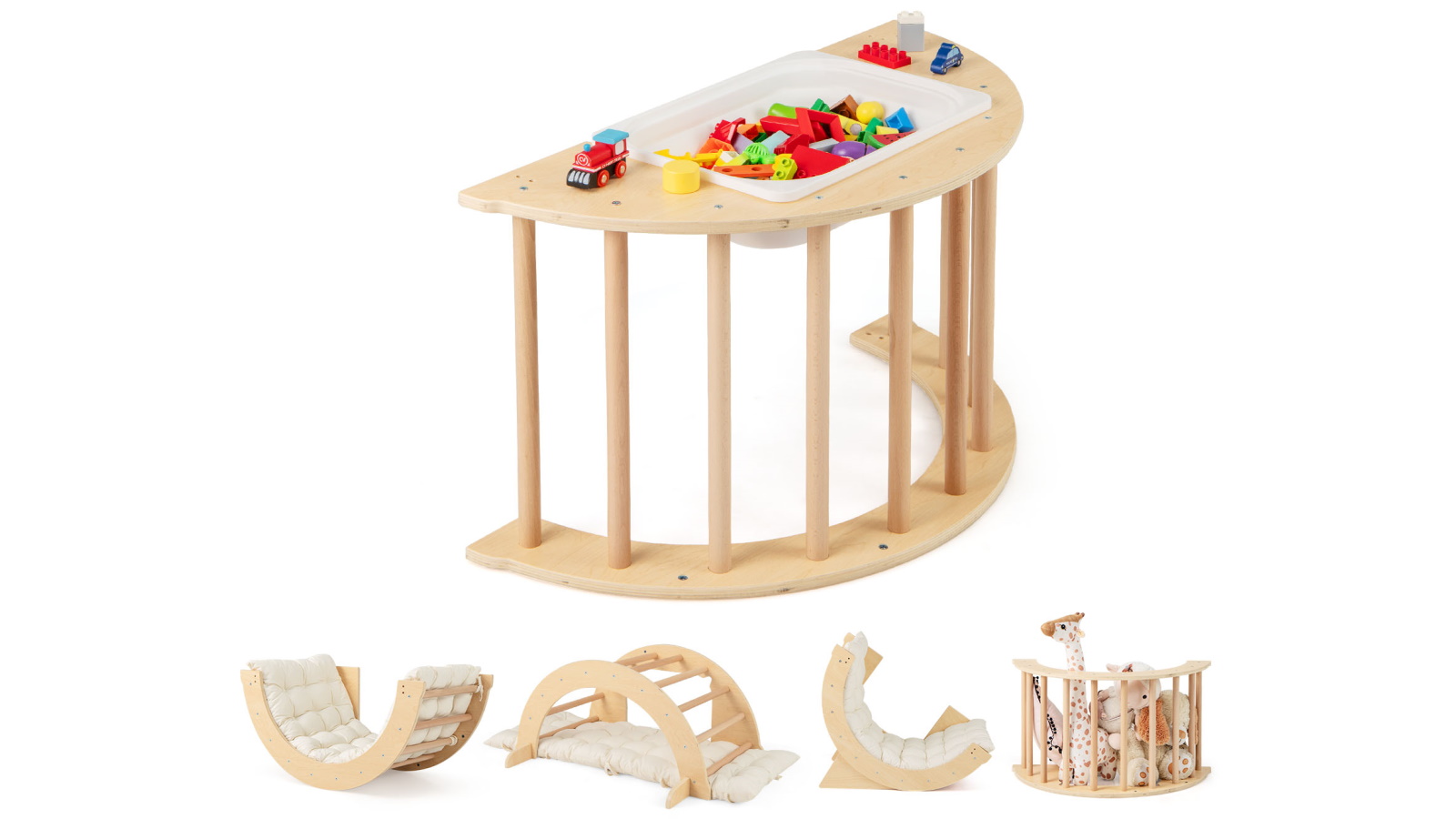 Costway 6-in-1 Wooden Stoppers Climbing Arch Playset with Storage - Natural
