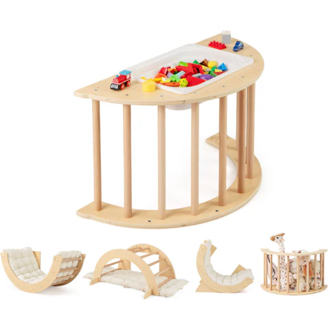 Costway 6-in-1 Wooden Stoppers Climbing Arch Playset with Storage - Natural