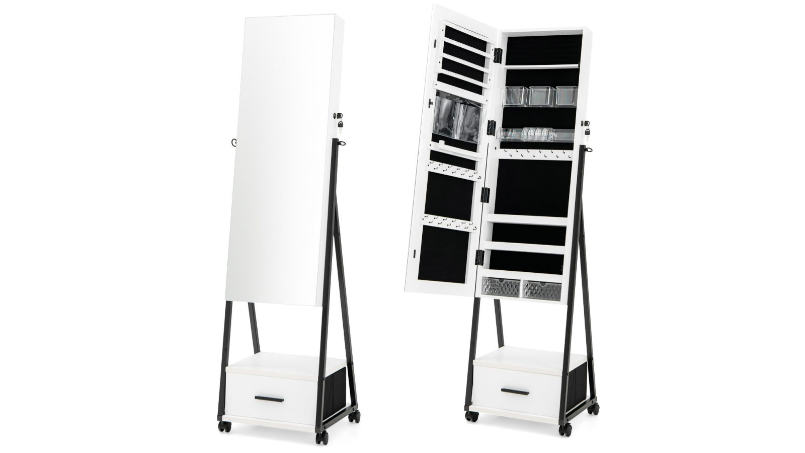 Costway Mobile Mirror Jewellery Cabinet with Drawers - White
