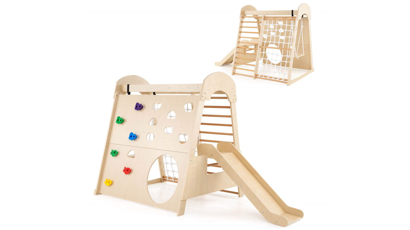 Costway 8-in-1 Jungle Gym Wooden Playground with Swing Slide and Climbing Wall - Natural