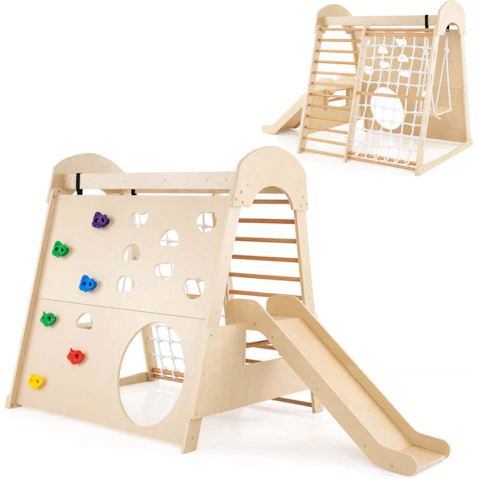 Costway 8-in-1 Jungle Gym Wooden Playground with Swing Slide and Climbing Wall - Natural
