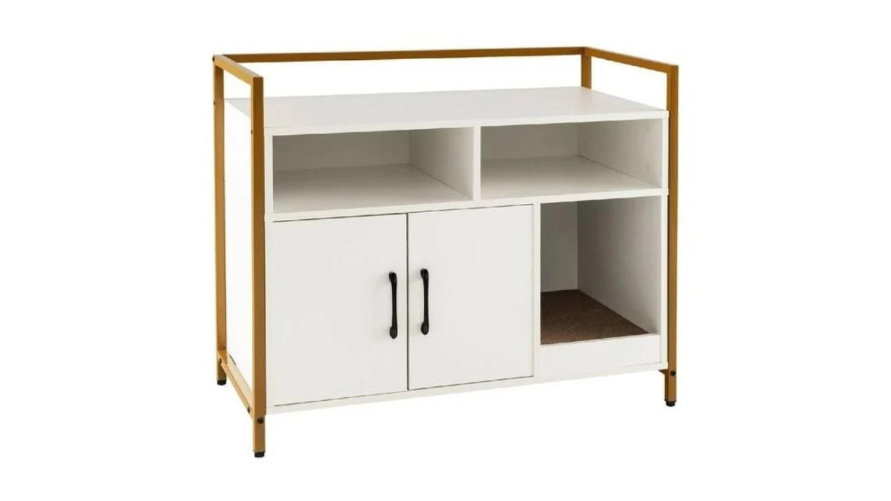 Costway 2-Door Enclosure Wood Storage Cabinet Cat Litter Box - White