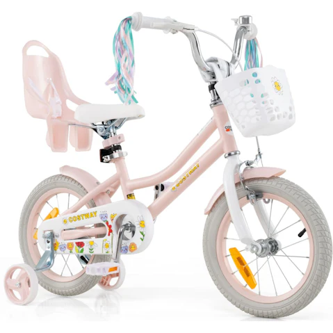 Costway Girls Pink Beginner Ride-on Bike with Training Wheel
