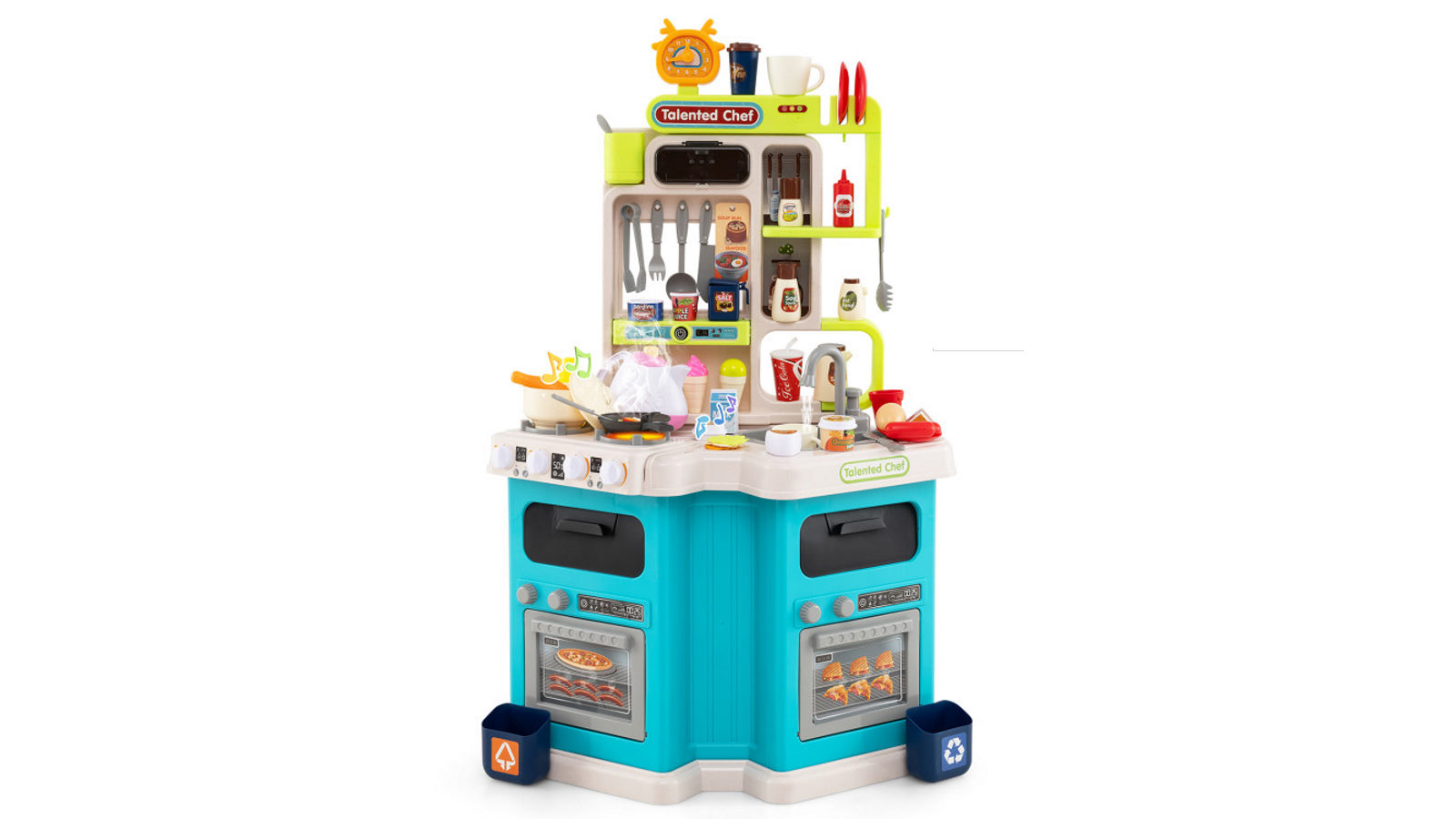 Costway 113 Piece Kitchen Playset Corner with Stove Sink Sound Light Cooking Toy Set Gift - Blue