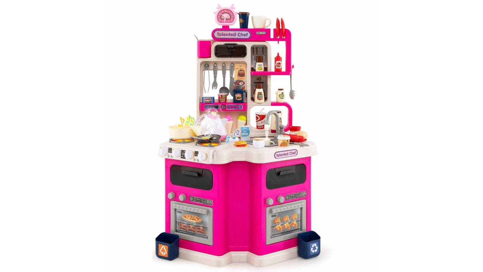 Costway 113 Piece Kitchen Playset Corner with Stove Sink Sound Light Cooking Toy Set Gift - Pink