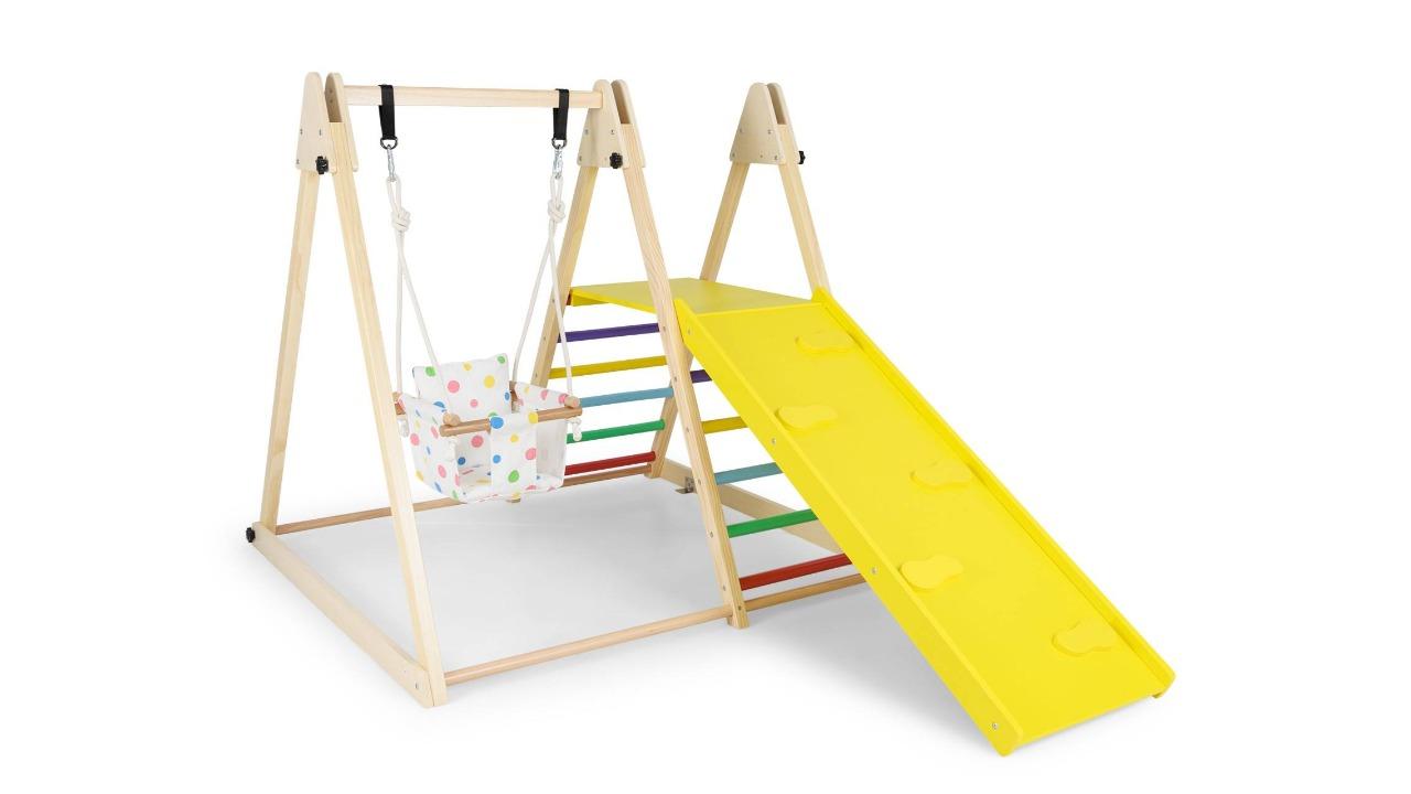 Costway 4-in-1 Wooden Slide Swing Climb Playset - Multi-Coloured