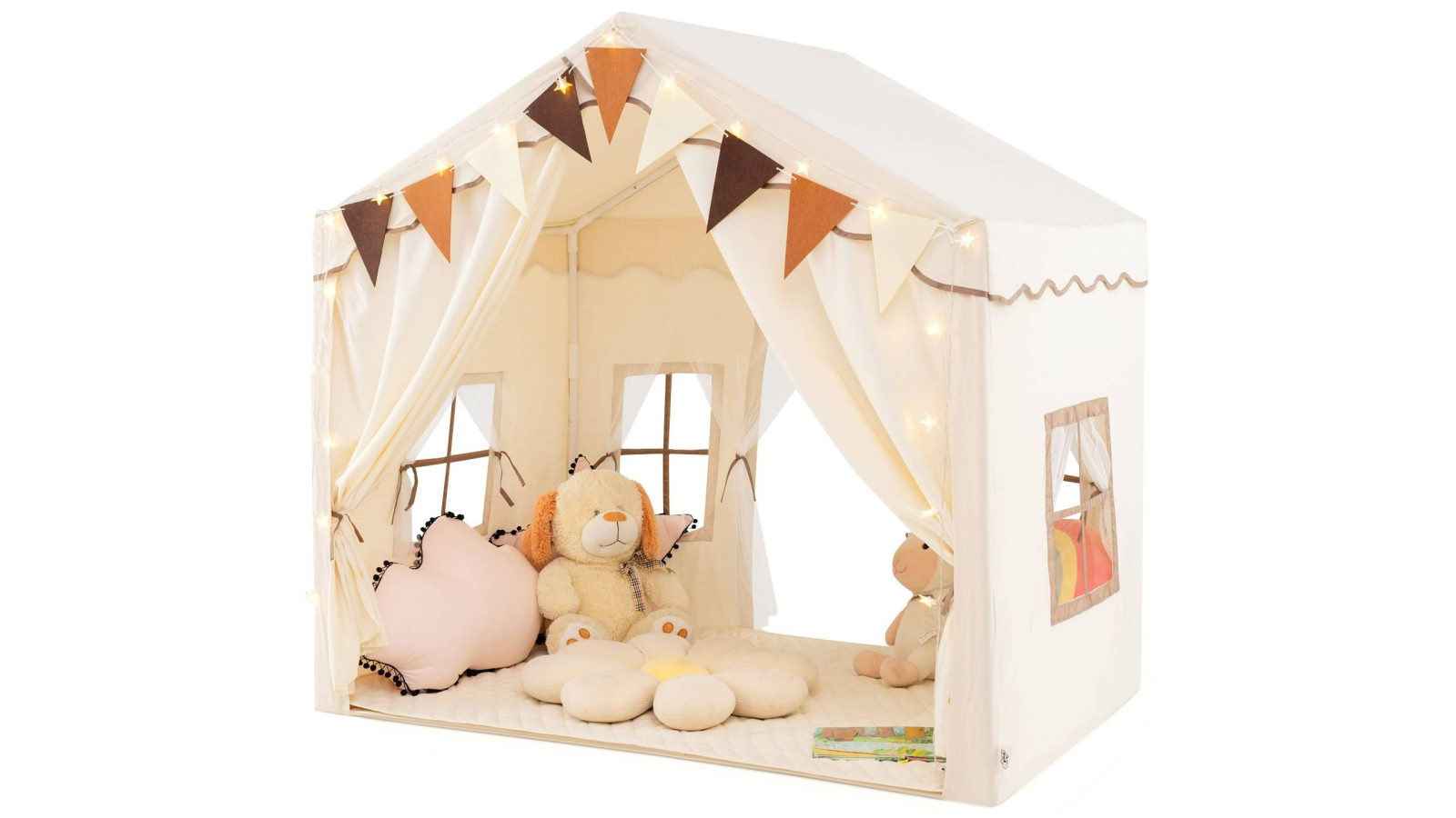 Costway Skin-Friendly Large Play Tent House with 2 Opening Doors and Star Lights - Beige