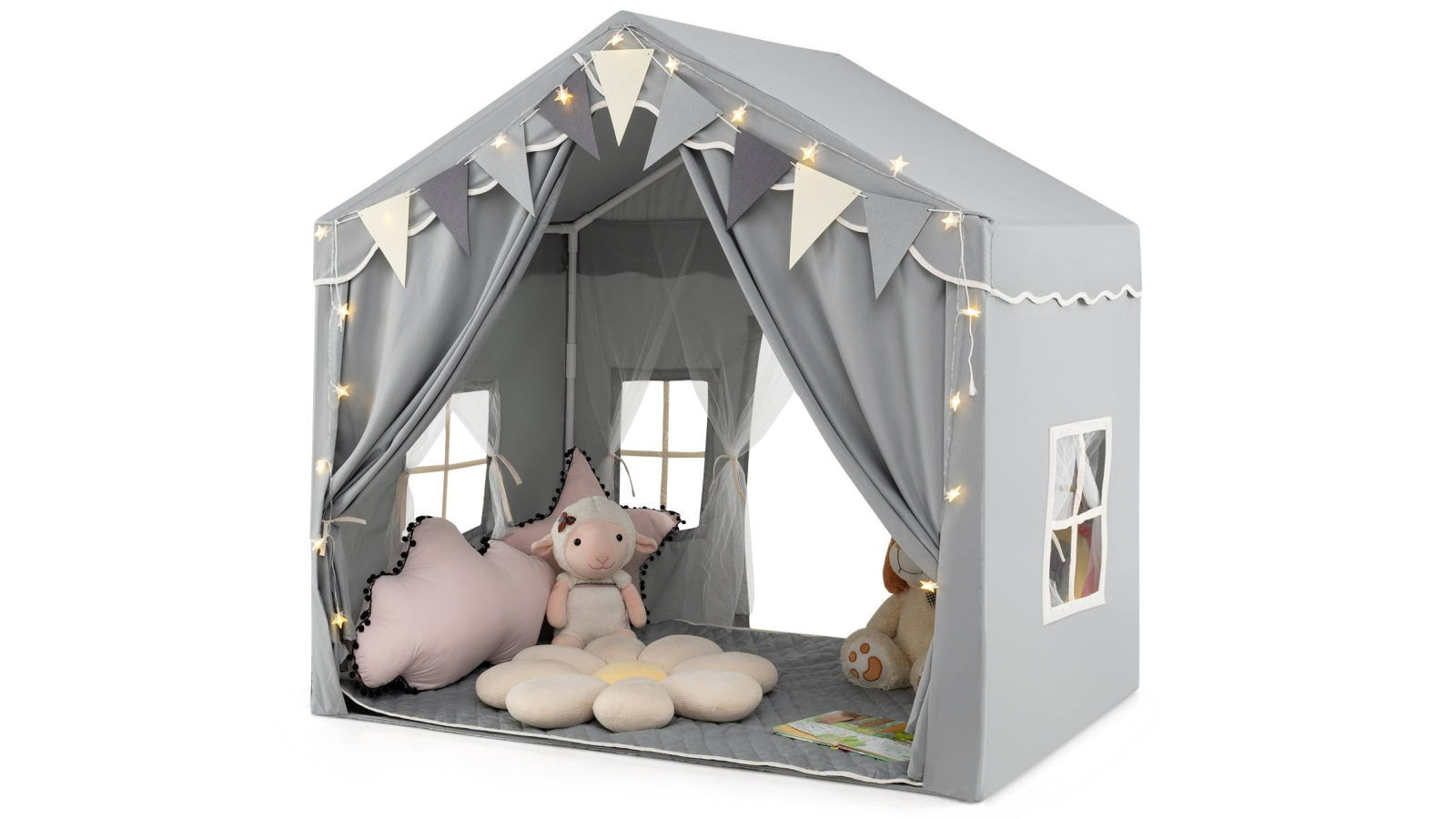 Costway Skin-Friendly Large Play Tent House with 2 Opening Doors and Star Lights - Grey