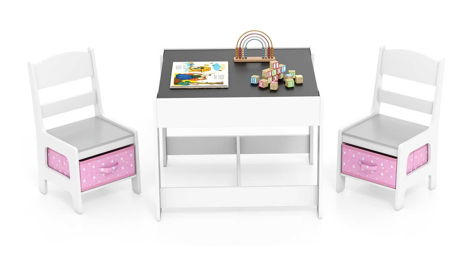 Costway 3-in-1 Kids Reversible Table and Chairs Set - Grey/Pink