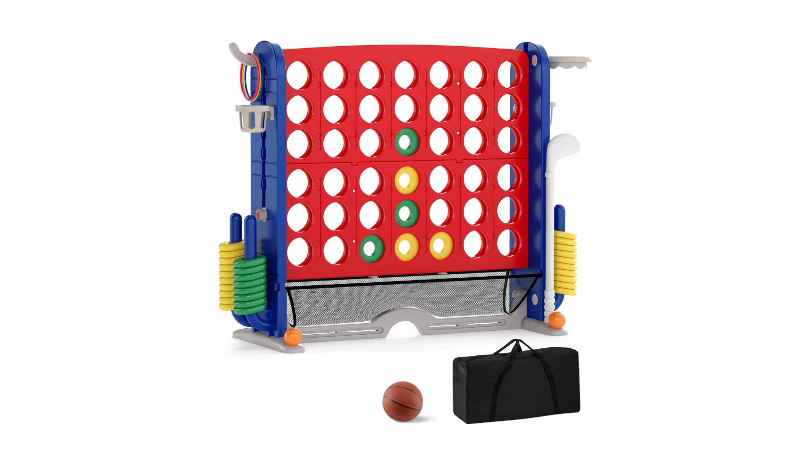 Costway Giant Connect 4 Game Set with Ring Toss and Basketball Hoop - Red