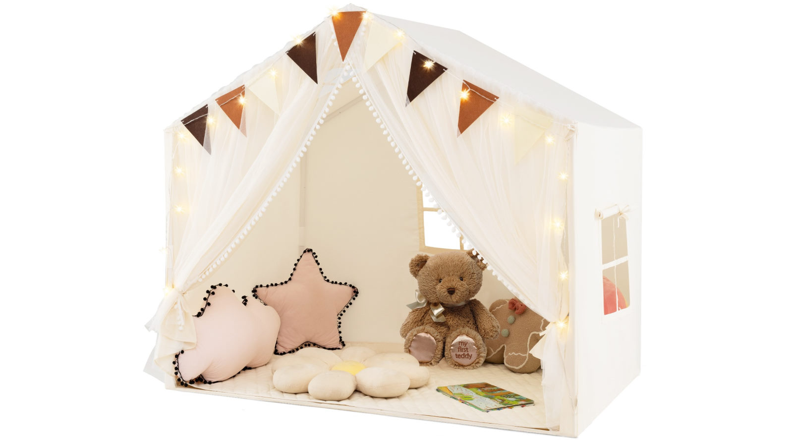 Costway Skin-Friendly Large Play Tent House with Fabric and Screen Curtains - Beige