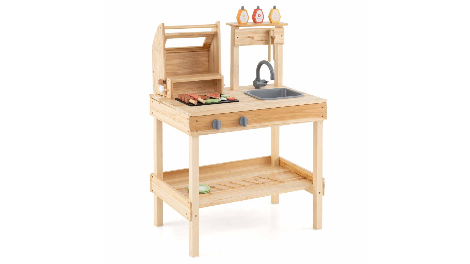 Costway Wooden BBQ Grill Pretend Kitchen Playset with Food Grilling Tools and Seasoning Bottles - Natural