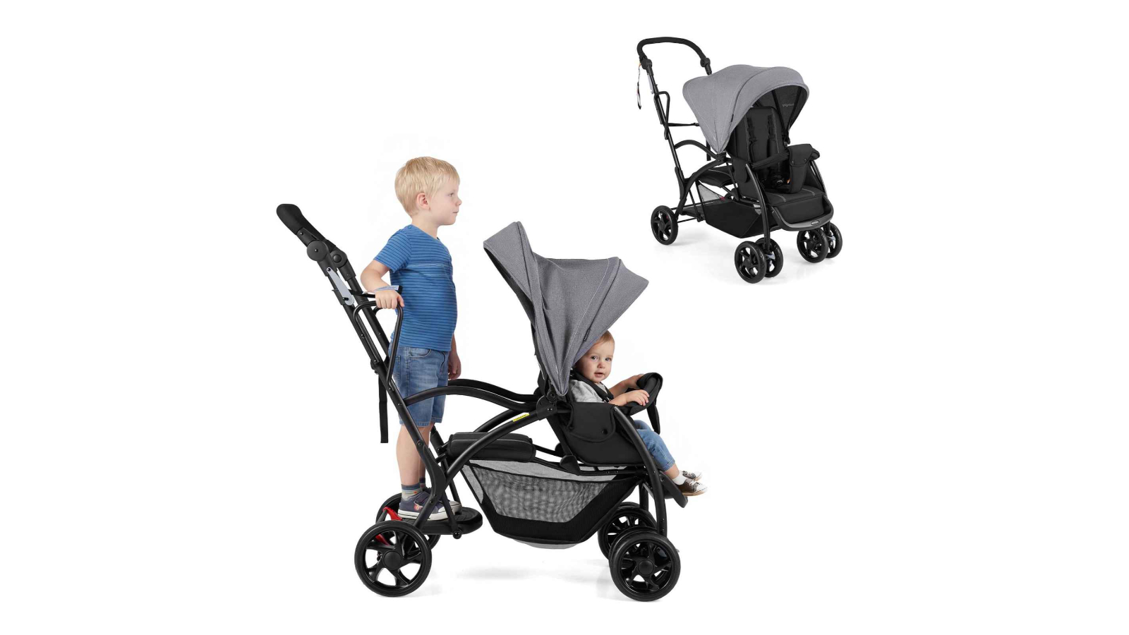Costway 5-Point Harness Foldable Sit and Stand Stroller with Wristband - Grey
