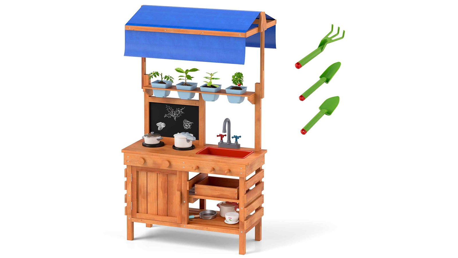 Costway Solid Wood Mud Kitchen Cooking Playset with Adjustable Canopy and Planting Cups - Natural