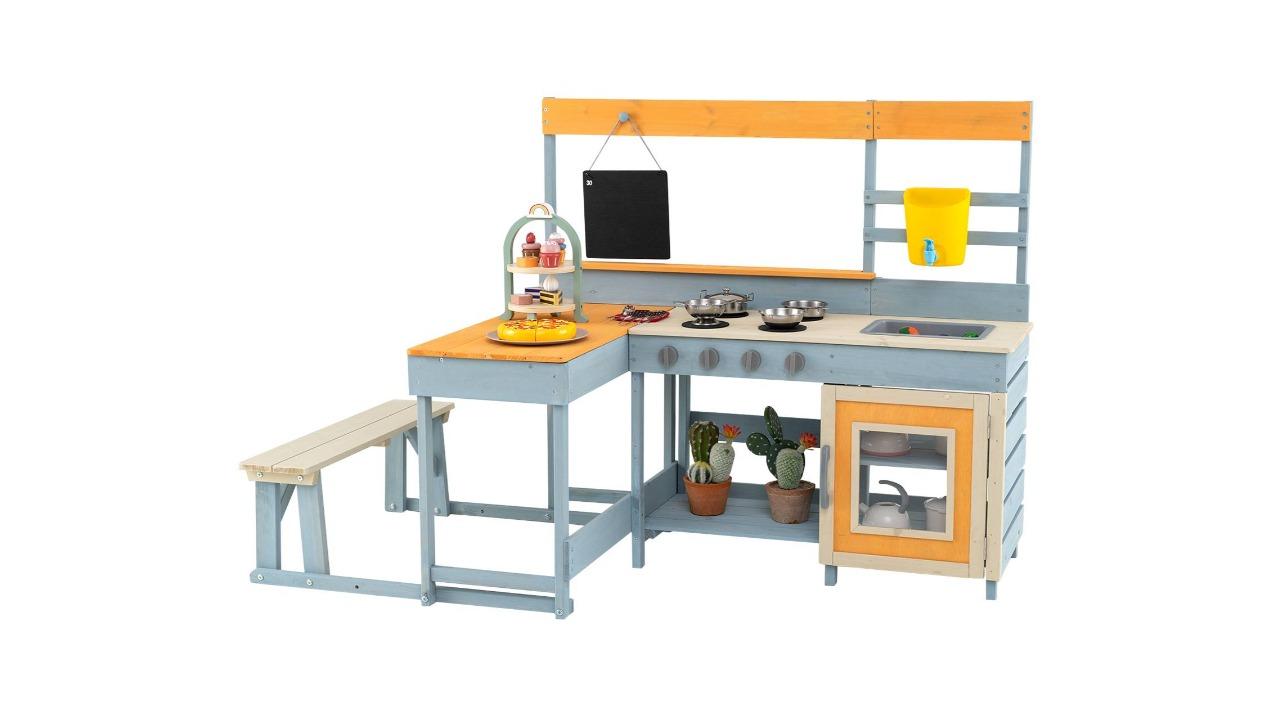 Costway 2-in-1 Outdoor Wood Kitchen Playset with Seating Bench and Dessert