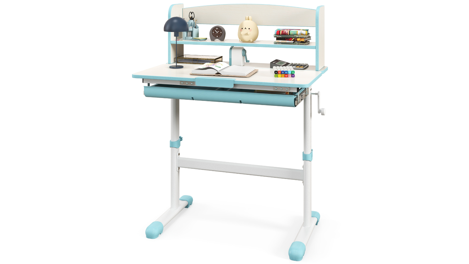 Costway Adujustable Study Desk with Scale Ruler and Bookshelf - Blue