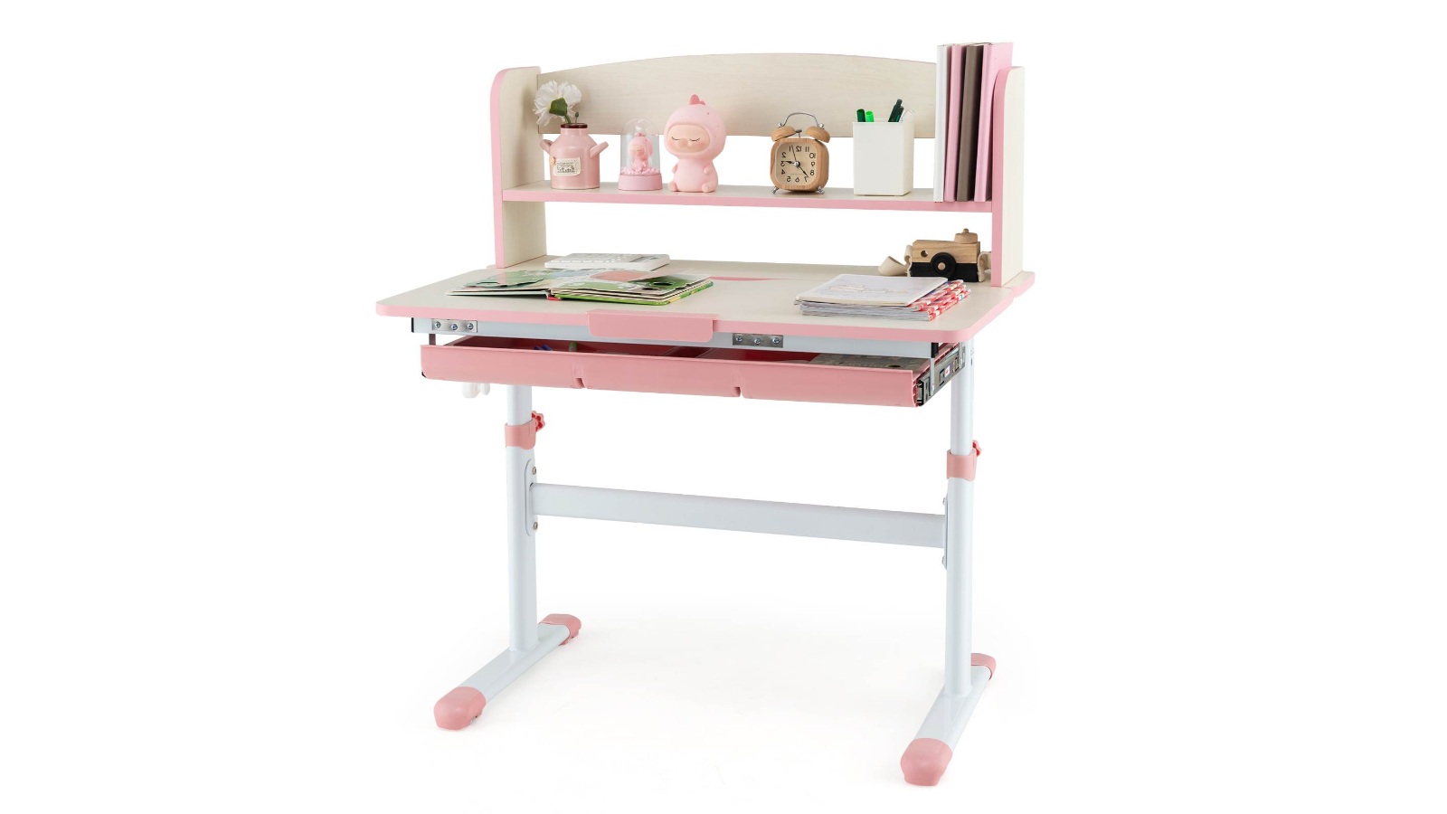 Costway Adujustable Study Desk with Scale Ruler and Bookshelf - Pink