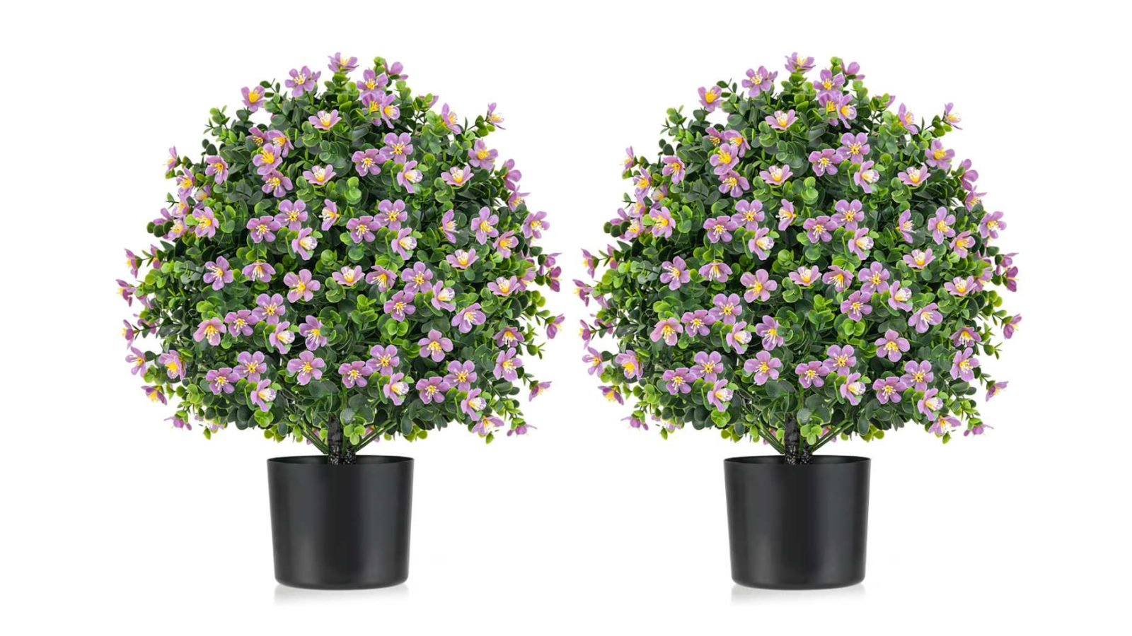 Costway 2 Pack Artificial Boxwood Topiary Ball Tree with Purple Flowers Potted Fake Decorative Plant