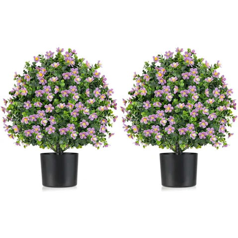 Costway 2 Pack Artificial Boxwood Topiary Ball Tree with Purple Flowers Potted Fake Decorative Plant