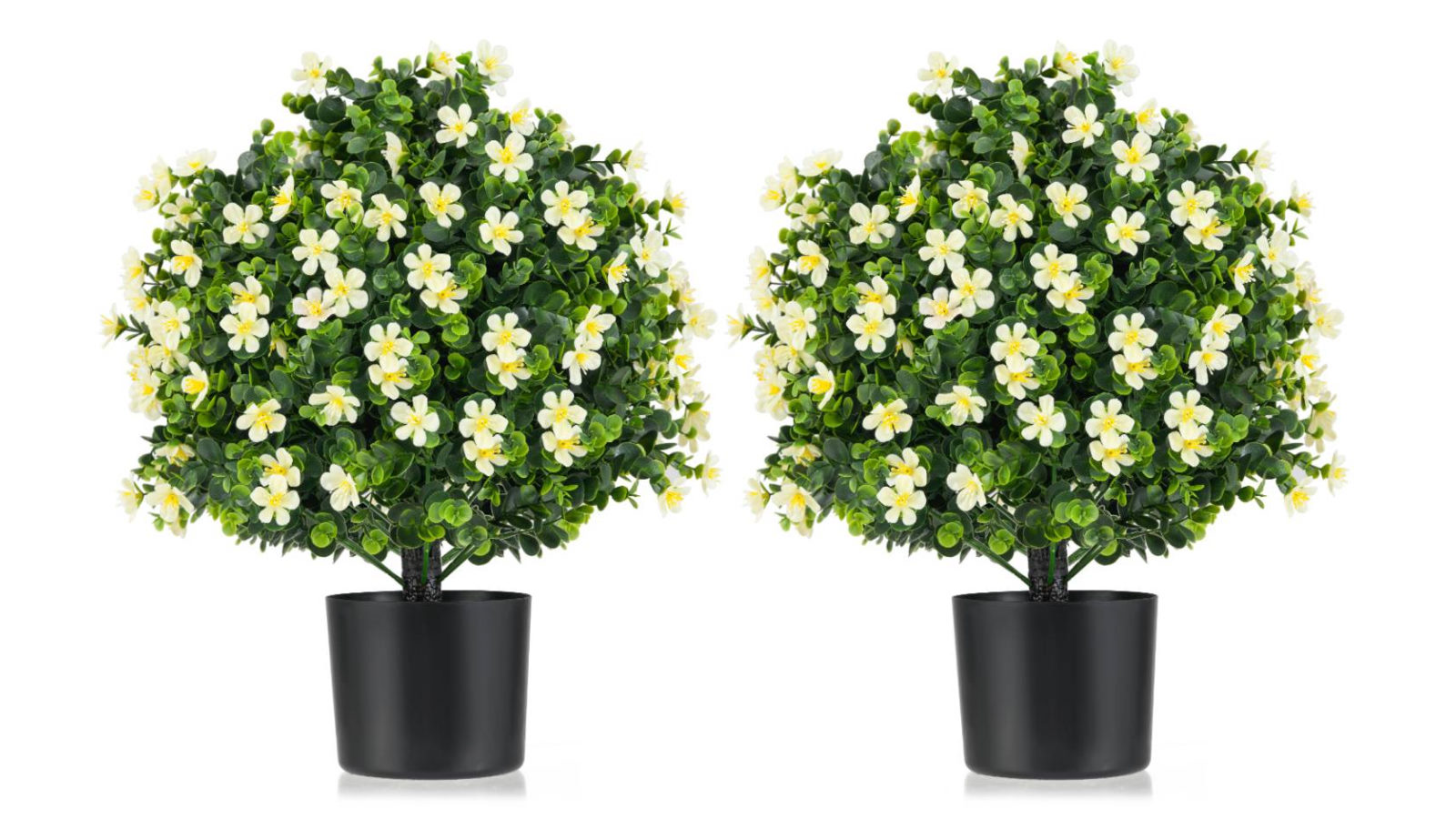 Costway 2 Pack Artificial Boxwood Topiary Ball Tree with White Flowers Potted Fake Decorative Plant