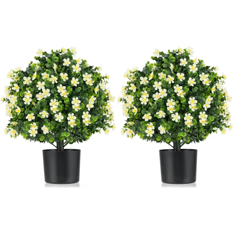 Costway 2 Pack Artificial Boxwood Topiary Ball Tree with White Flowers Potted Fake Decorative Plant