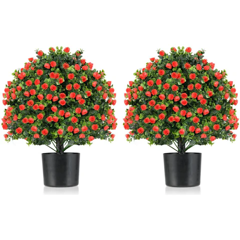 Costway 2 Pack Artificial Rose Topiary Ball Tree Faux Shrub Bushes with Flowers Potted Fake Decorative Plant