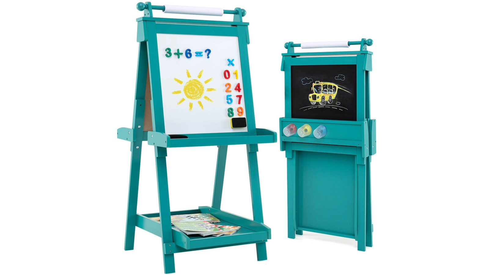 Costway 3-in-1 Foldable Art Easel Chalkboard Whiteboard Double-sided Easel with Paper Roll Painting - Green