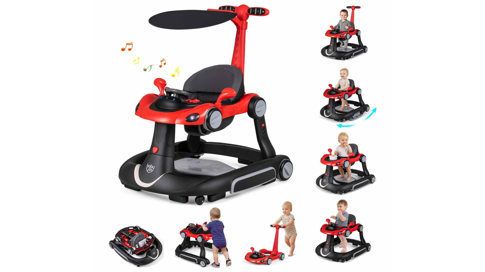 Costway 7-in-1 Baby Walker Portable Push Car Foldable Activity Center with Canopy, Music and Lights - Red