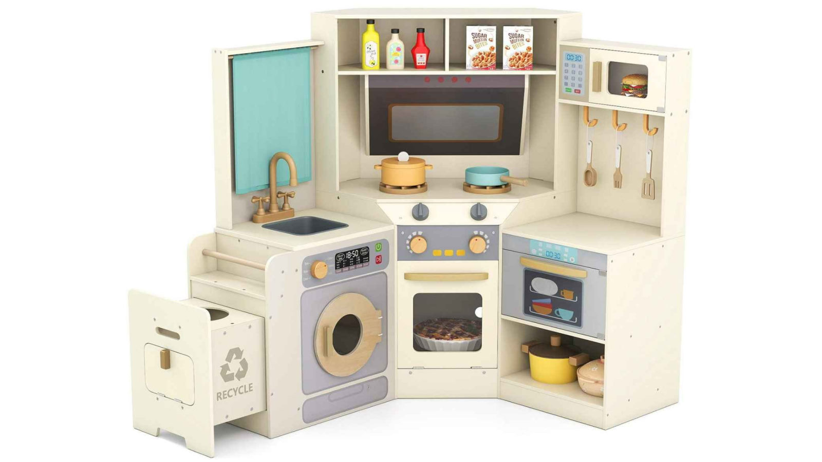 Costway Pretend Play Wooden Kitchen Toy Set with Pull-out Trash Can Microwave Oven Washer