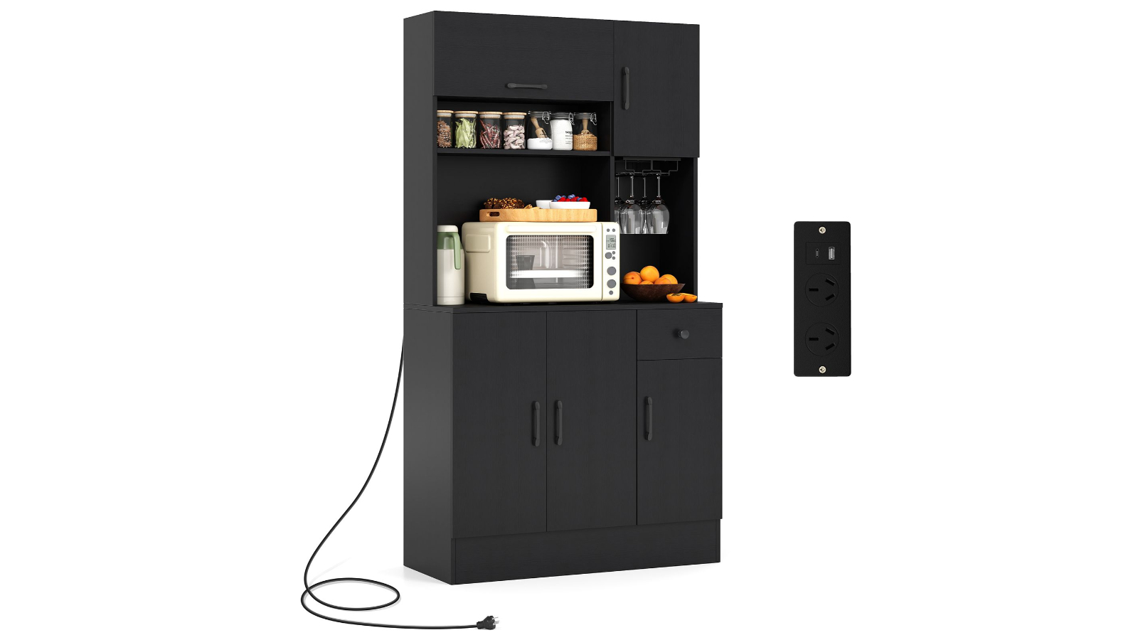 Costway 167cm Black Pantry Cupboard with Power Outlet & Adjustable Shelves