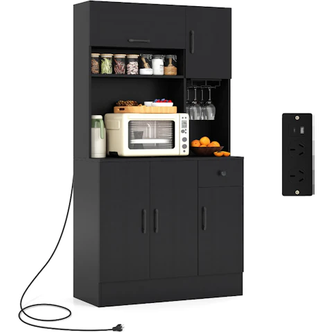 Costway 167cm Black Pantry Cupboard with Power Outlet & Adjustable Shelves