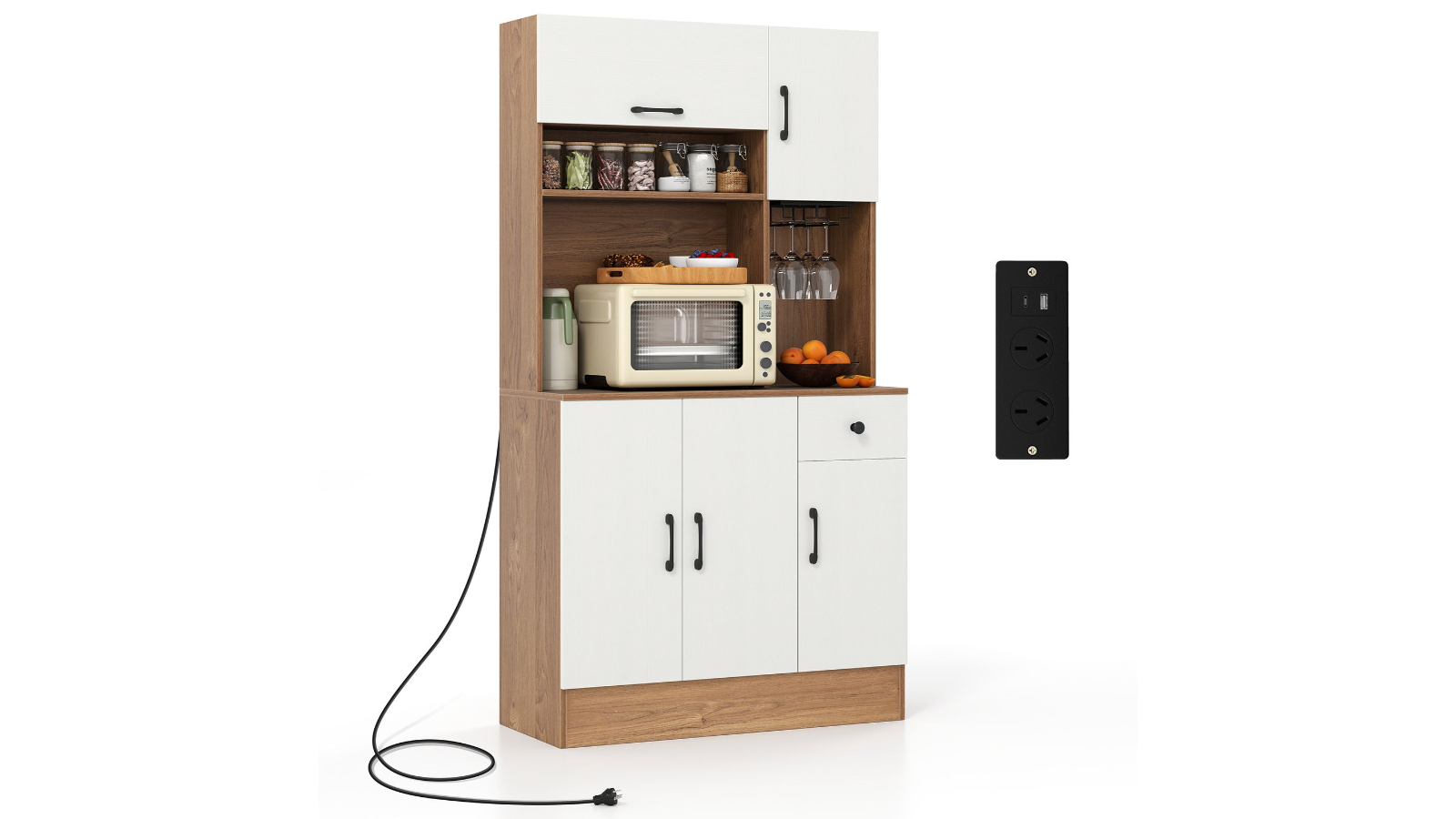 Costway 167cm Natural Pantry Cupboard with Power Outlet & Adjustable Shelves