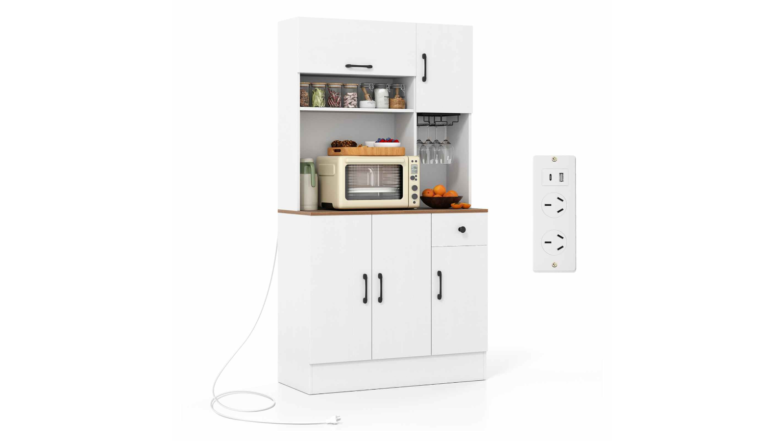 Costway 167cm White Pantry Cupboard with Power Outlet & Adjustable Shelves