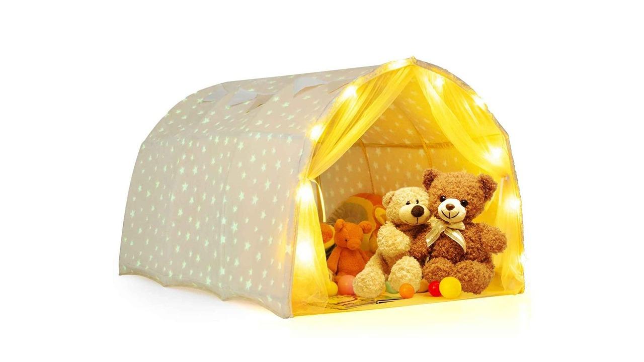 Costway Glow-in-the-Dark Tent Castle Playhouse with Light and Net Curtain - Beige