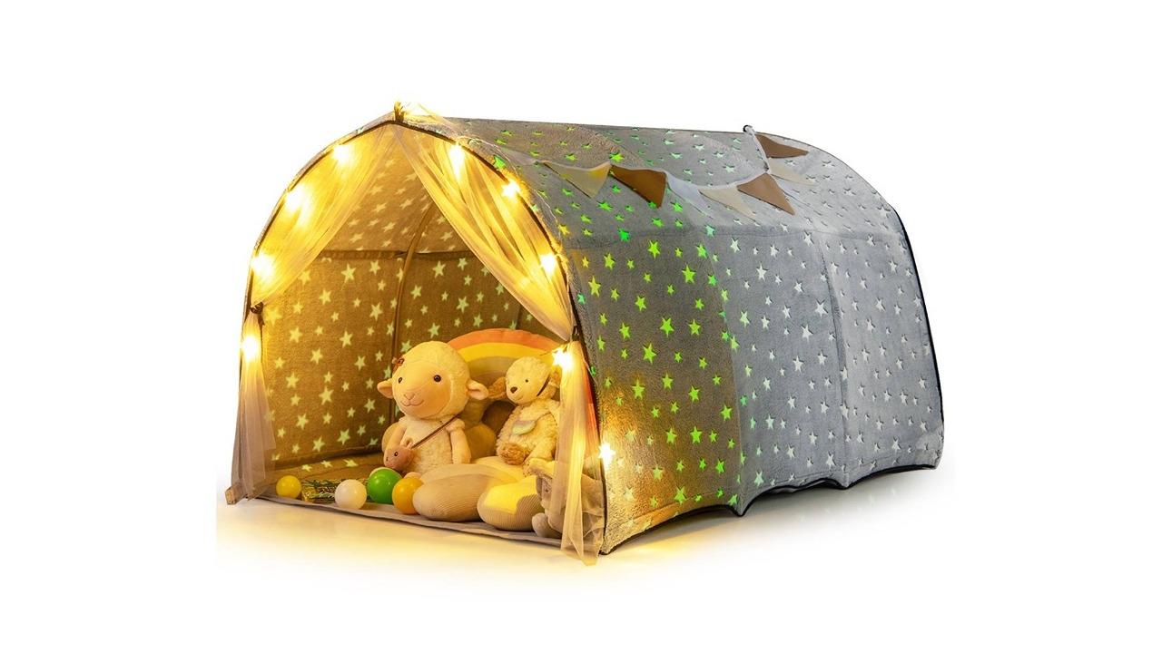 Costway Glow-in-the-Dark Tent Star Playhouse with Light and Net Curtain