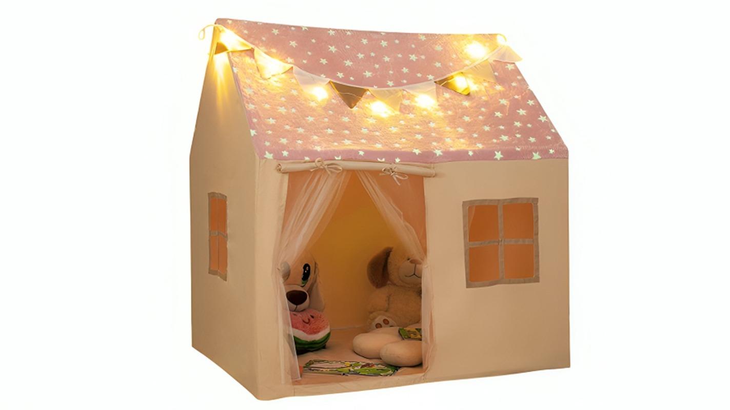 Costway Glow-in-the-Dark Tent Castle Playhouse with Star Light and Washable Mat - Pink