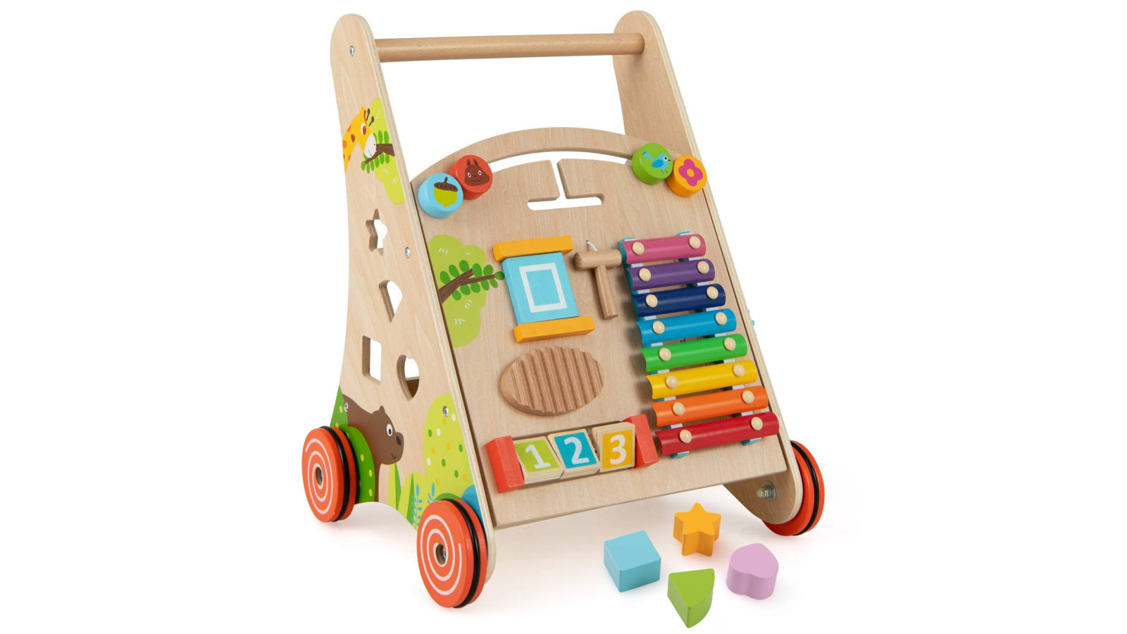 Costway All-in-1 Wooden Walker Push Pull Learning Activity Walker with Handle and Storage Sit to Stand Montessori Toy